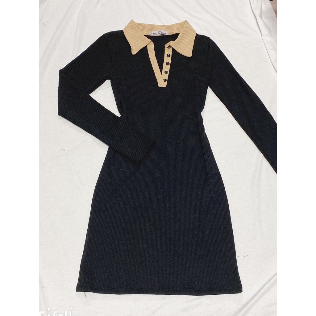 Đầm ôm body kiểu cổ bẻ tay dài chất vải thun gân len 4 chiều FreeSize dưới 52kg | BigBuy360 - bigbuy360.vn