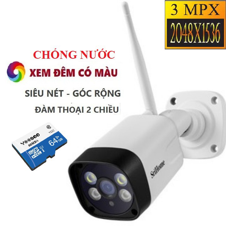 Camera IP wifi Srihome SH035 3.0MP 1269 Pixel FullColor - Xem Đêm Có Màu - Vỏ Kim Loại kèm thẻ nhớ 64G