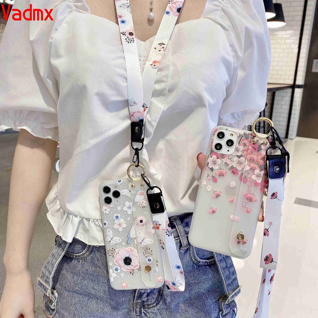 Ốp điện thoại TPU mềm hình hoa anh đào có dây vòng tay cho IPHONE 12 PRO MAX 12 Mini