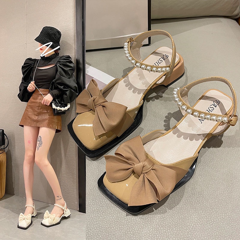 Giày Sandal Gót Dày Mũi Vuông Đính Nơ Ngọc Trai Phong Cách Pháp Thời Trang Mùa Hè Mới Cho Nữ