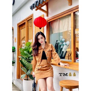 Set áo váy nhung gân túi đắp