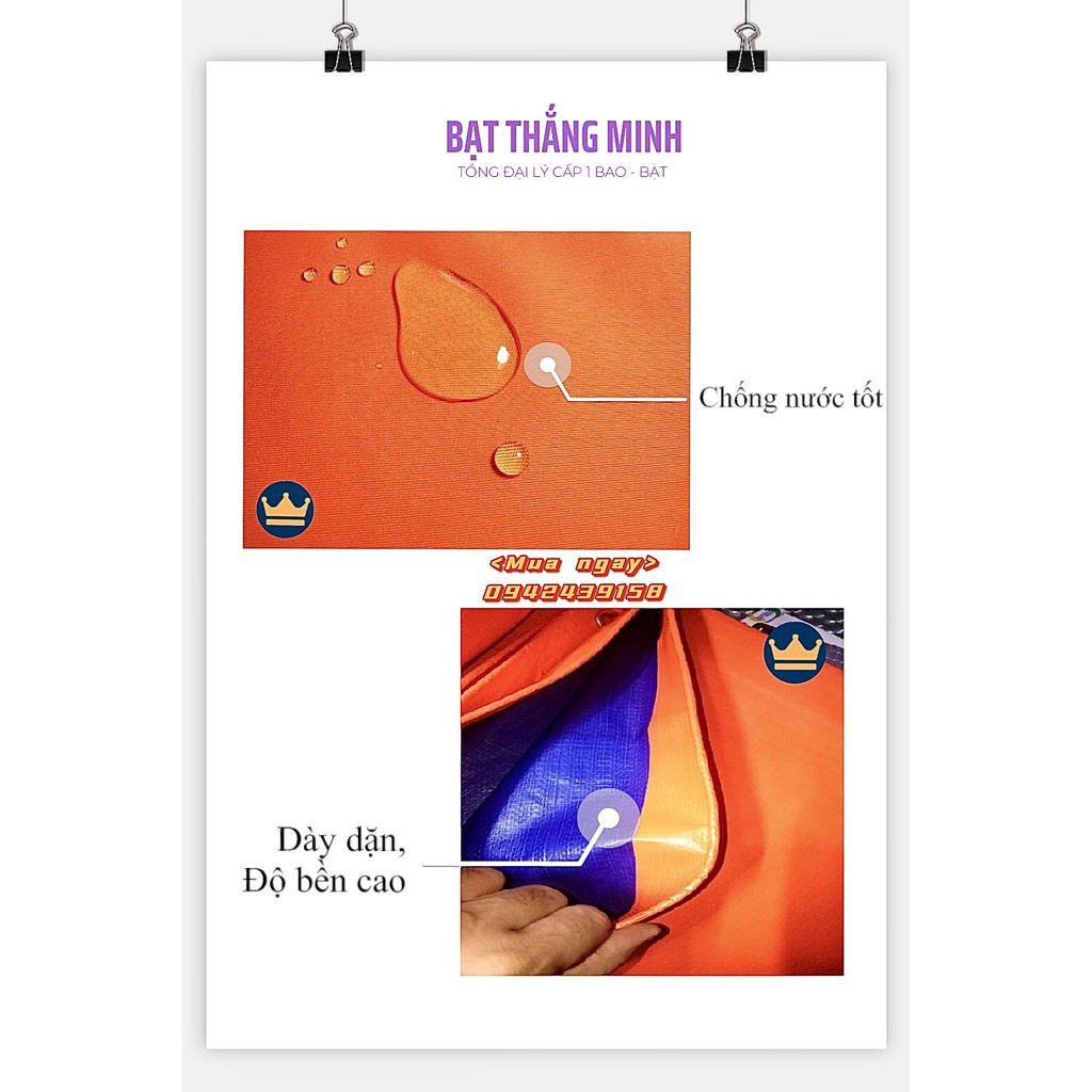 Bạt che nắng mưa ngoài trời, Bạt che phủ loại 1 dày 2 lớp xanh cam. Tấm 4mx8m có dập khuy