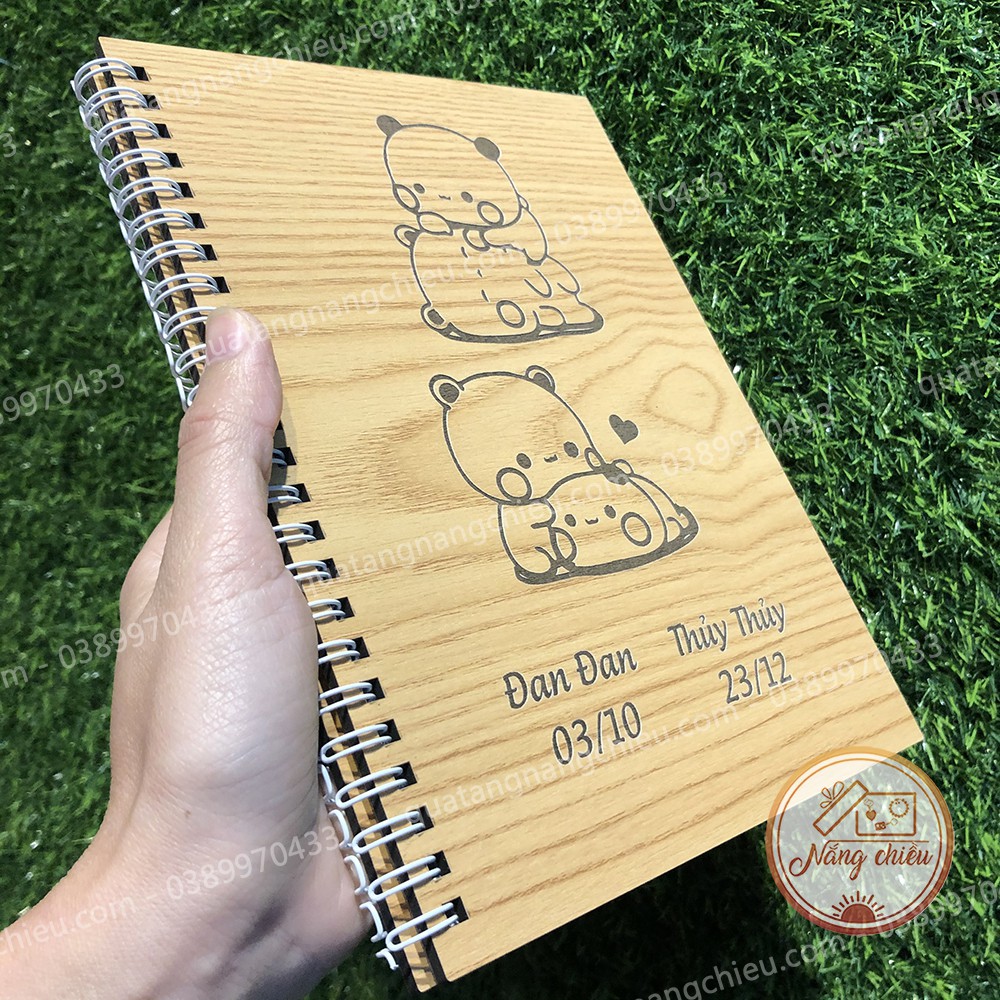 Nhật ký Tình bạn - Sổ tay Notebook khắc hình cặp gấu trúc dễ thương và khắc tên theo yêu cầu