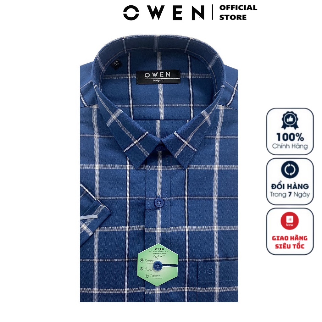 Áo Sơ Mi Nam Ngắn Tay Owen BA220408NT Somi Công Sở Cao Cấp Màu Xanh Dương Caro Vải Bạc Hà Mềm Mát Dáng Suông Tà Bằng