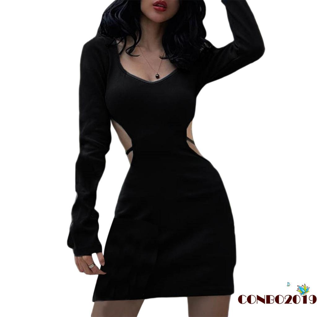 HGM-Women Short Bodycon Dress Solid Color Back Hollow-Out Long Sleeve Low-Cut Dress