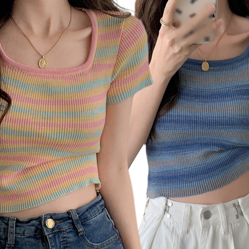 Áo Thun Croptop Ngắn Tay Cổ Vuông Họa Tiết Kẻ Sọc Màu Tương Phản Thời Trang Cho Nữ