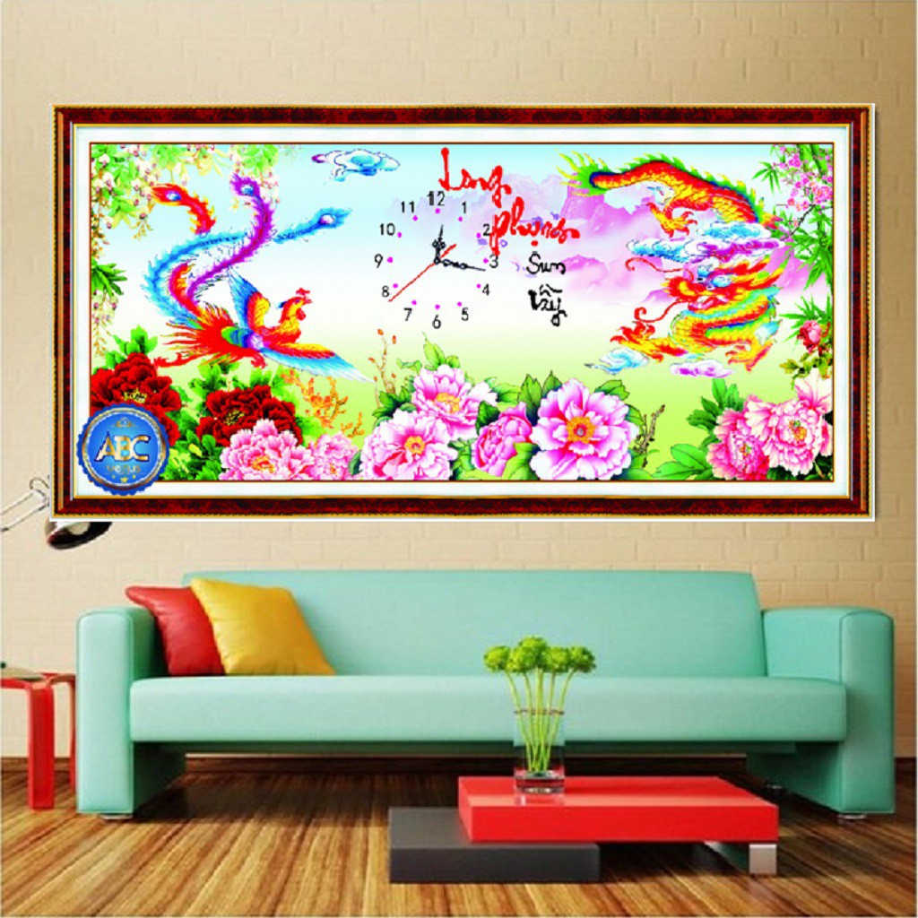 Tranh Đính Đá Đồng Hồ Long Phụng Sum Vầy KT:112*54cm