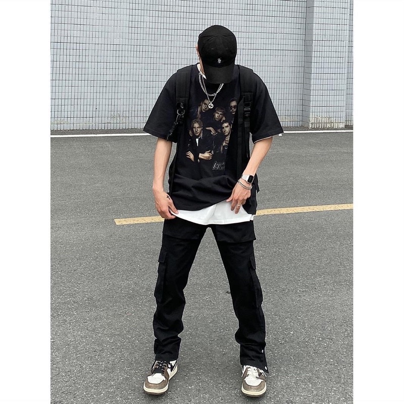 Cargo Pants - Quần Cargo Đen Bấm Nút Ống lưng chun unisex