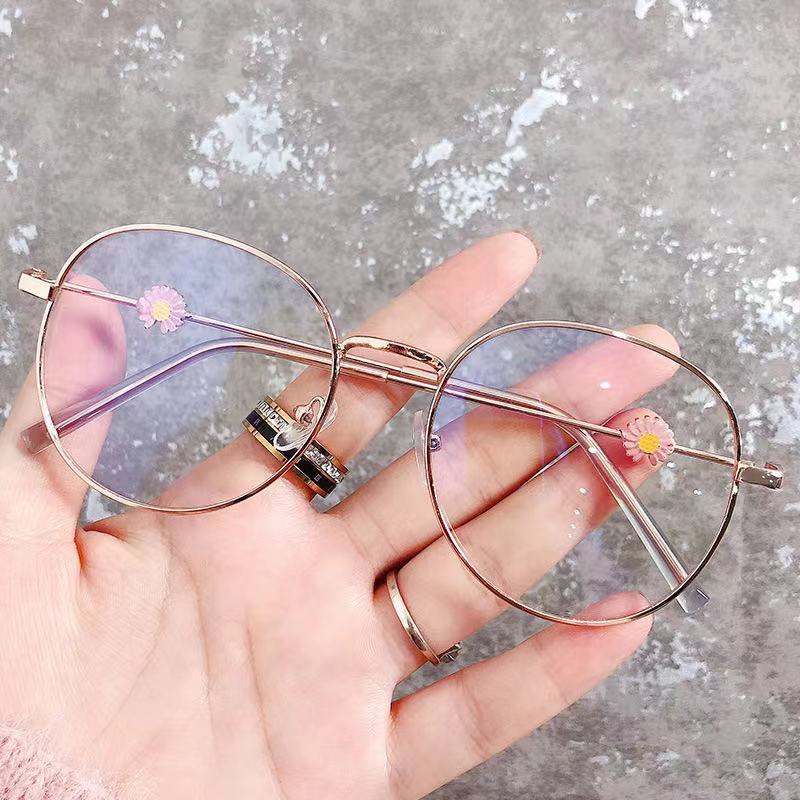 Mắt kính gọng tròn chống tia UV họa tiết hoa cúc phong cách Hàn Quốc thời trang