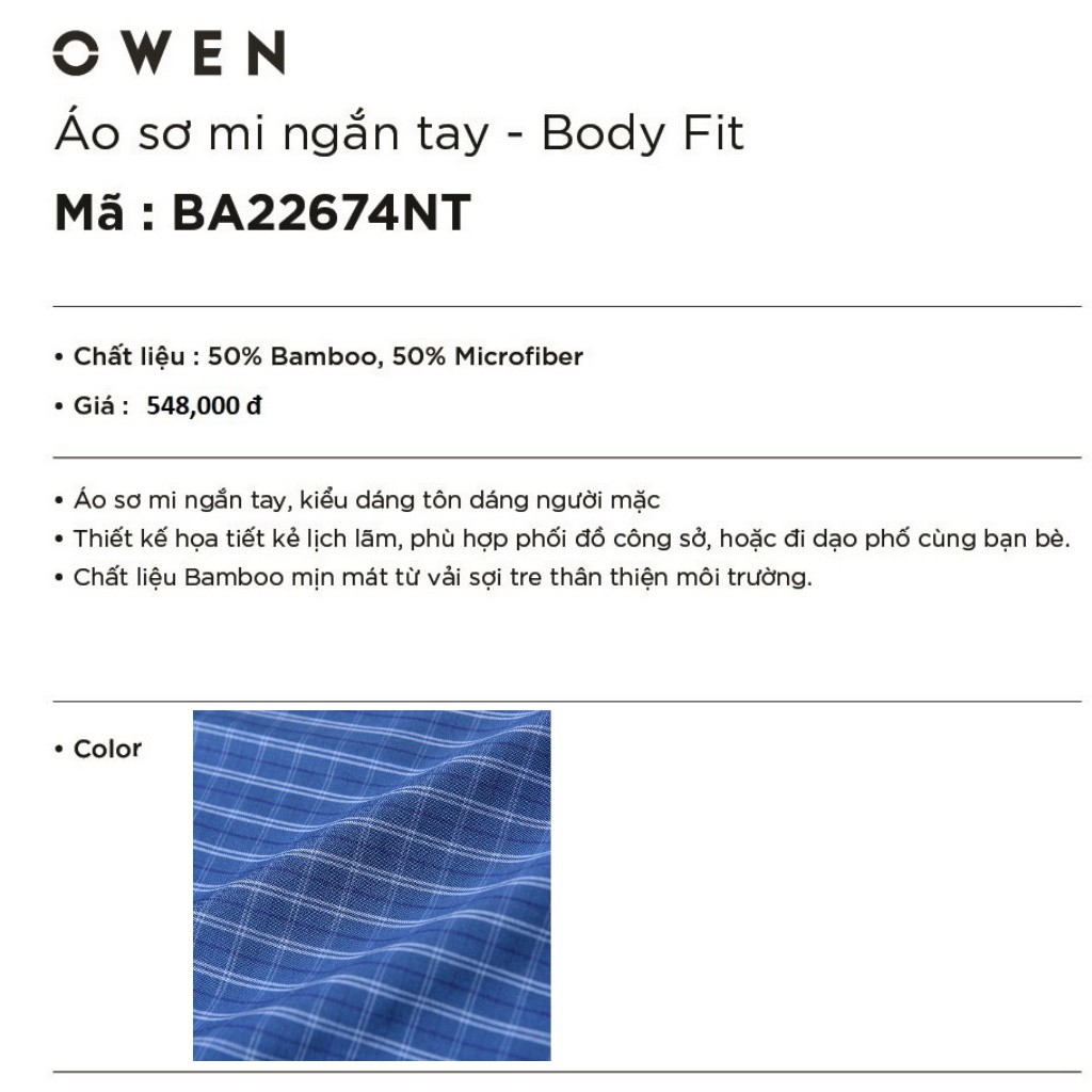 Áo Sơ Mi Nam Ngắn Tay Owen BA22674NT Cộc Tay Công Sở Cao Cấp Màu Xanh Kẻ Caro Nhỏ Vải Sợi Tre Dáng Body Fit Tà Bằng | BigBuy360 - bigbuy360.vn