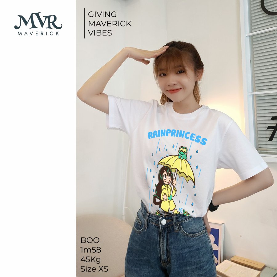 Áo thun nữ unisex Áo thun nữ cổ tròn Cotton thoáng mát Công chúa ếch che dù trời mưa MVR KK3861