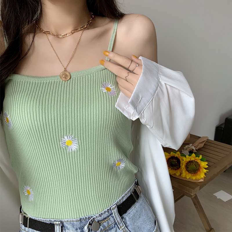 Áo hai dây ZHELIHANGFEI vải dệt kim thêu họa tiết hoa cúc xinh xắn