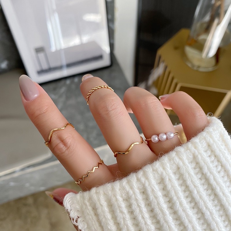 Set 5 Nhẫn Mạ Vàng Đính Ngọc Trai Nhân Tạo Phong Cách Hàn Quốc
