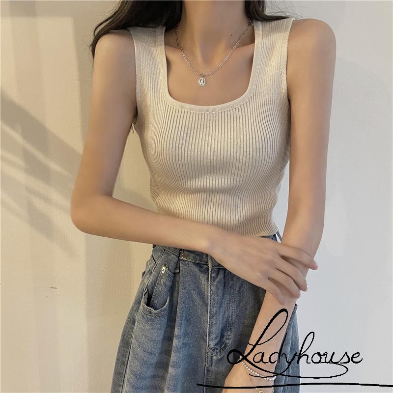 Áo Croptop Dệt Kim Không Tay Màu Trơn Ôm Dáng Xinh Xắn Cho Nữ