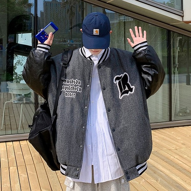 Áo khoác bóng chày phối da phong cách Nhật Bản thời trang cao cấp cho nam