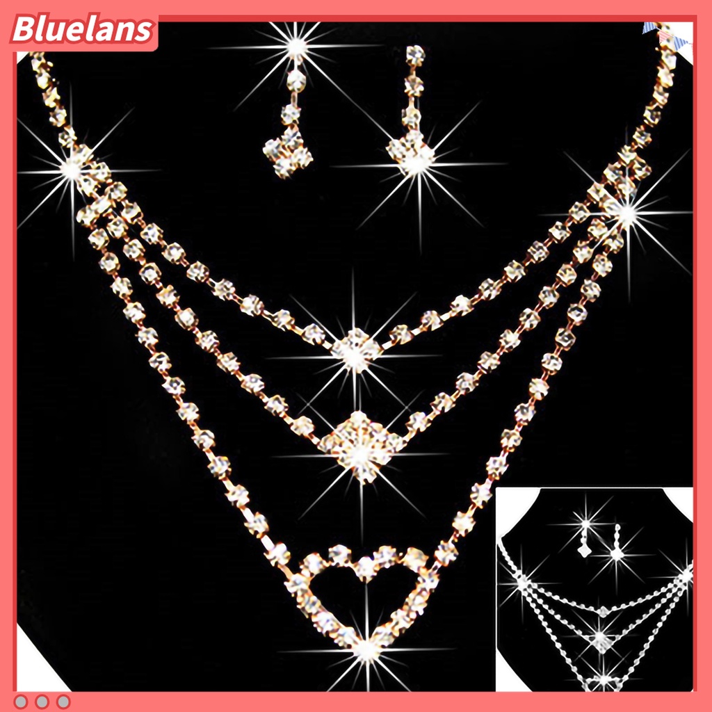 Bộ dây chuyền nhiều tầng mặt hình trái tim + đôi khuyên tai đính đá nhân tạo lấp lánh cho nữ