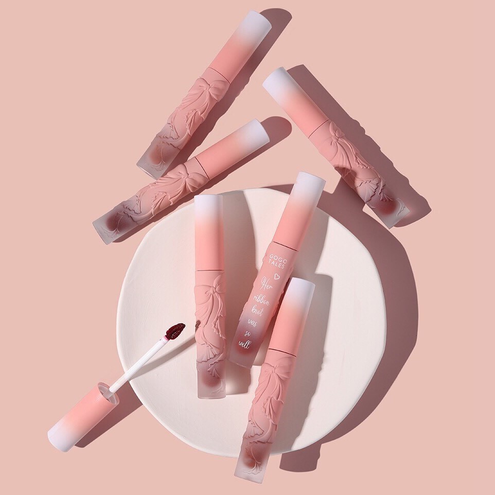 Son kem lì gogo tales nơ hồng khắc nổi Dusk Pink Fog Lip Purel handmade giá rẻ lên màu đẹp dành cho học sinh 1k 10k 20k