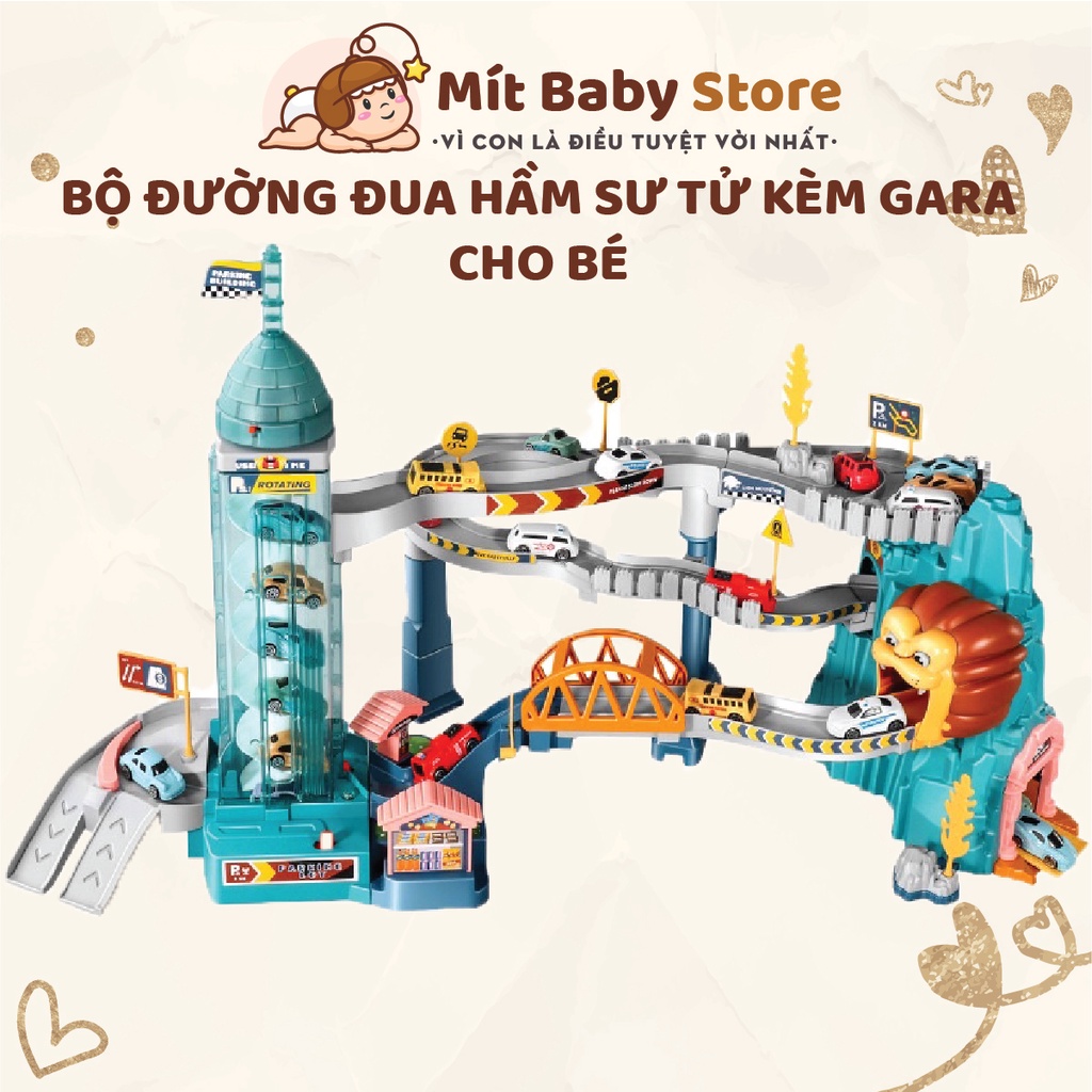 Đường hầm sư tử, bộ đường đua hầm sư tử kèm gara cho bé, bộ đỗ xe khủng long cho bé