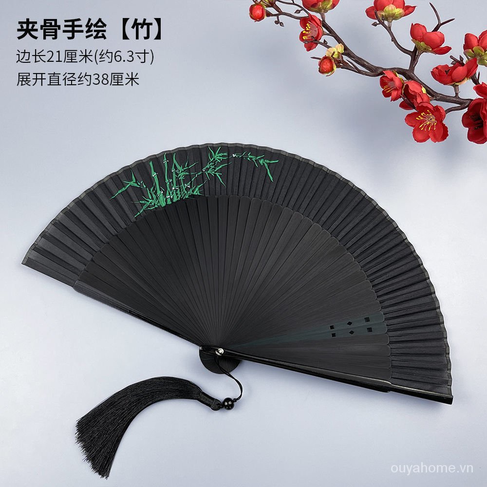 Quạt xếp cầm tay màu xanh lá phong cách Trung Hoa cổ điển cho nữ