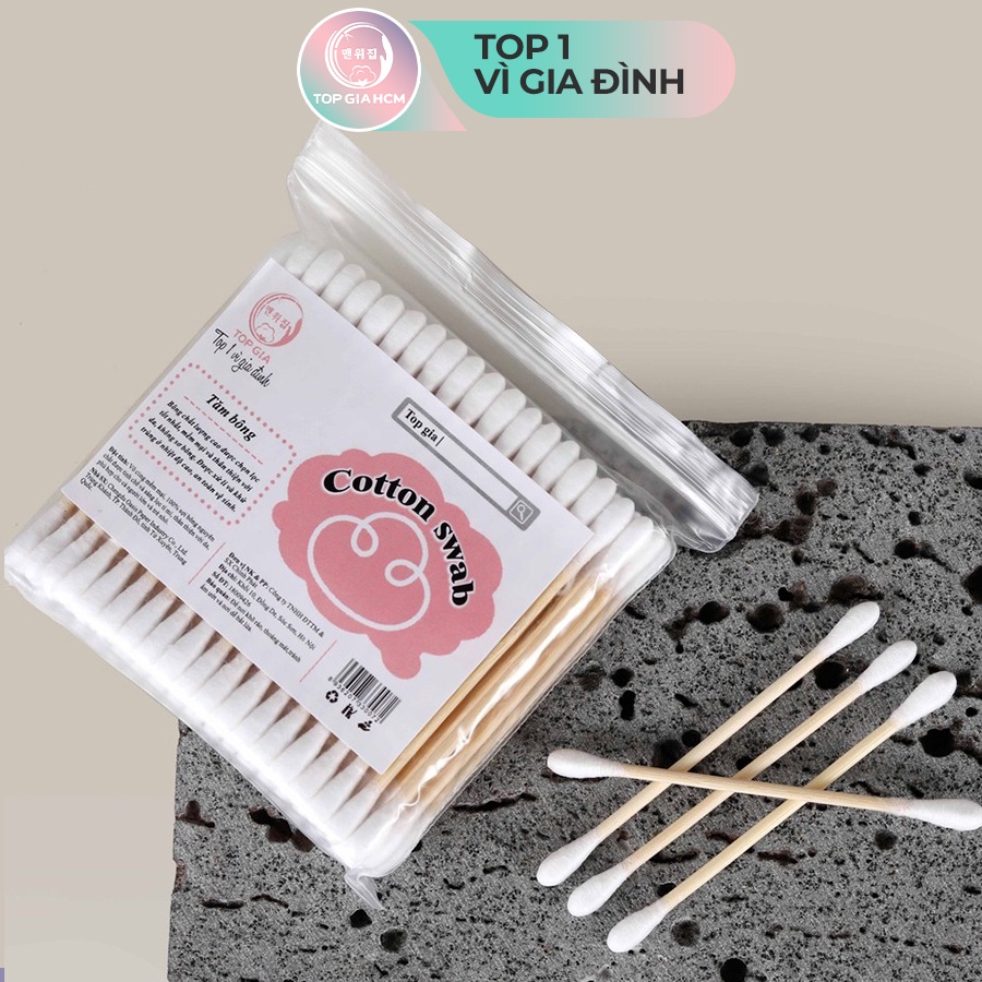 Tăm bông ngoáy tai 100 que thân gỗ, vệ sinh sạch kháng khuẩn Top Gia
