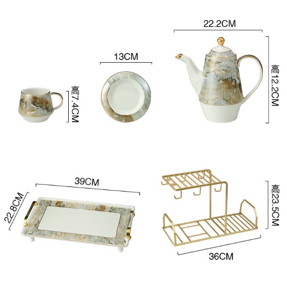 ấm chén vân đá phong cách hiện đại tặng kèm 6 muỗng cafe. bộ ấm pha trà màu vân đá hoa tiết độc đáo sang trọng.