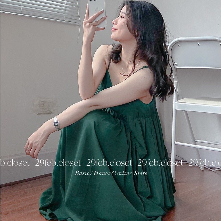 Váy hai dây dáng xòe 3 tầng dây chỉnh được màu xanh hottrend vanmiushop