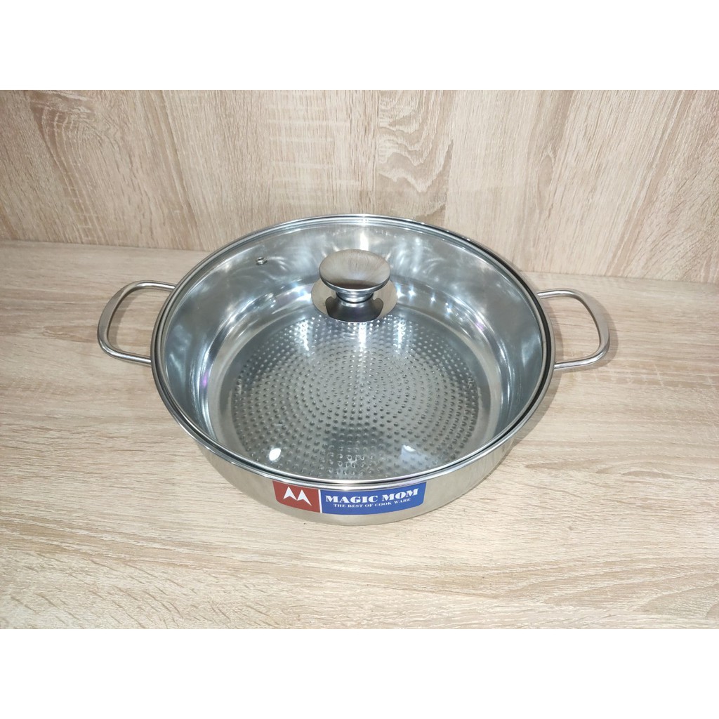 chảo lẩu inox 1 đáy dày nắp kính, dùng tốt bếp từ và tất cả bếp khác