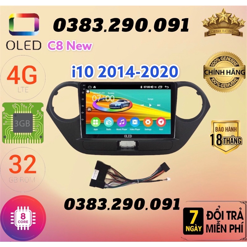 Màn hình android OLED C8 New theo xe i10 2014 - 2020 kèm dưỡng và jack nguồn zin theo xe