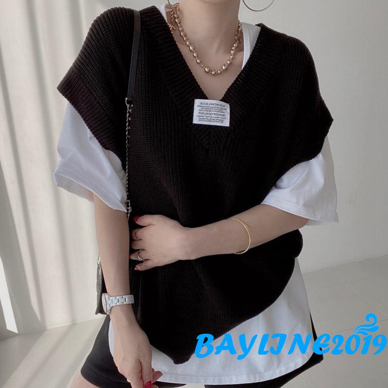 BAY-Áo khoác dệt kim sát nách cổ chữ V họa tiết chữ màu hồng/xám/đen/be cho nữ