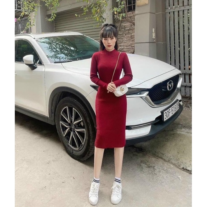 Đầm len body tăm cổ 3 phân