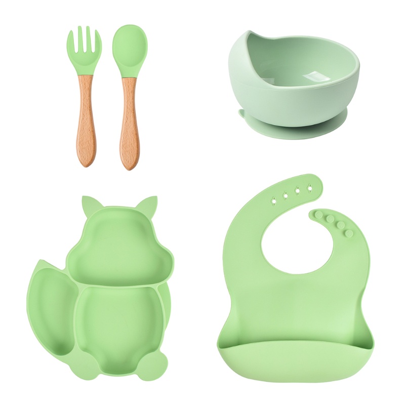 Bộ 5 Món Tô Muỗng Nĩa Tập Ăn Chia Ngăn Bằng Silicone Dành Cho Trẻ Em