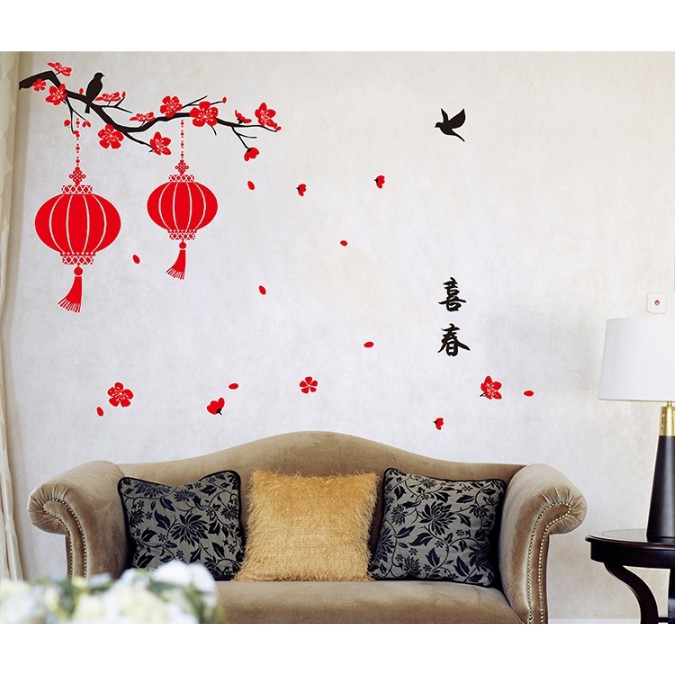 Decal trang trí Tết - Cặp Lồng Đèn đỏ treo trên cành Mai