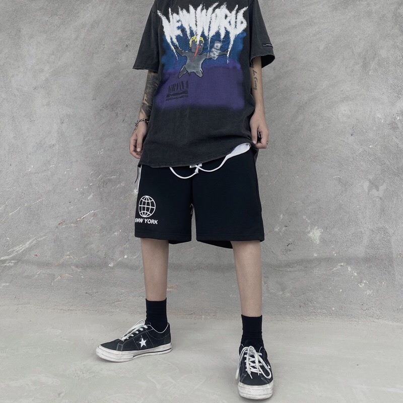 Quần đùi nam New York địa cầu - quần short ống rộng nam nữ Unisex