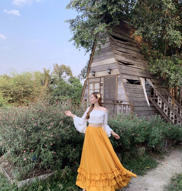 [Ảnh thật🍋] Váy sống ảo/ Sét áo croptop trắng phối chân váy maxi bèo tầng màu vàng boho | BigBuy360 - bigbuy360.vn