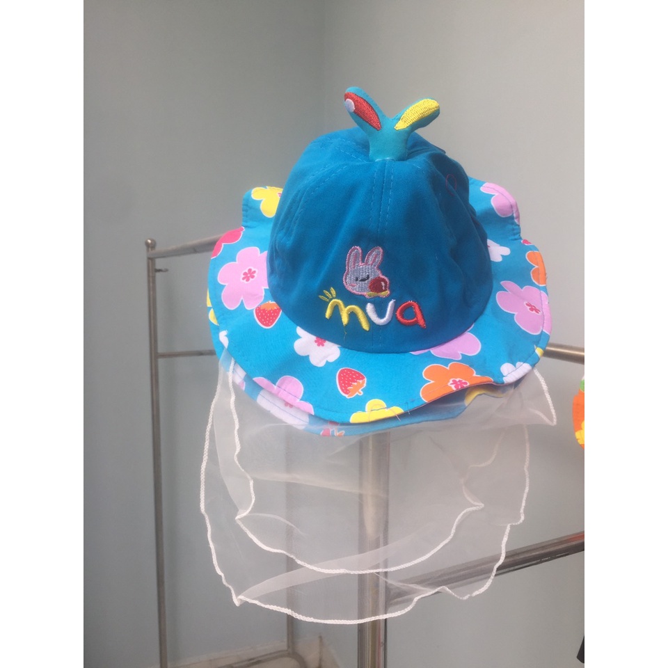 Nón có khăn voan thêu &quot;Mua&quot; cho bé từ 4 - 12 tháng