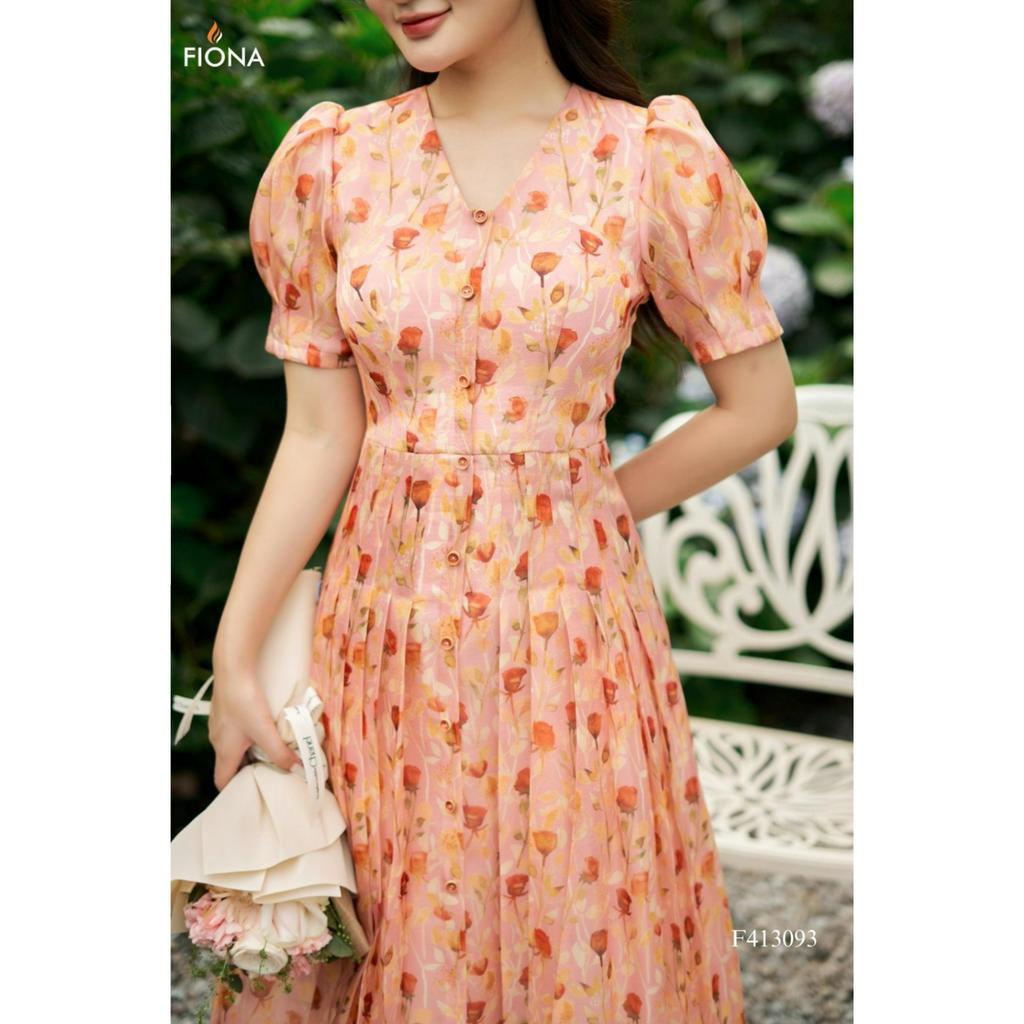 Đầm thiết kế cao cấp FIONA váy công sở nữ dáng dài xếp ly họa tiết hoa nhí cổ tim trẻ trung F413093