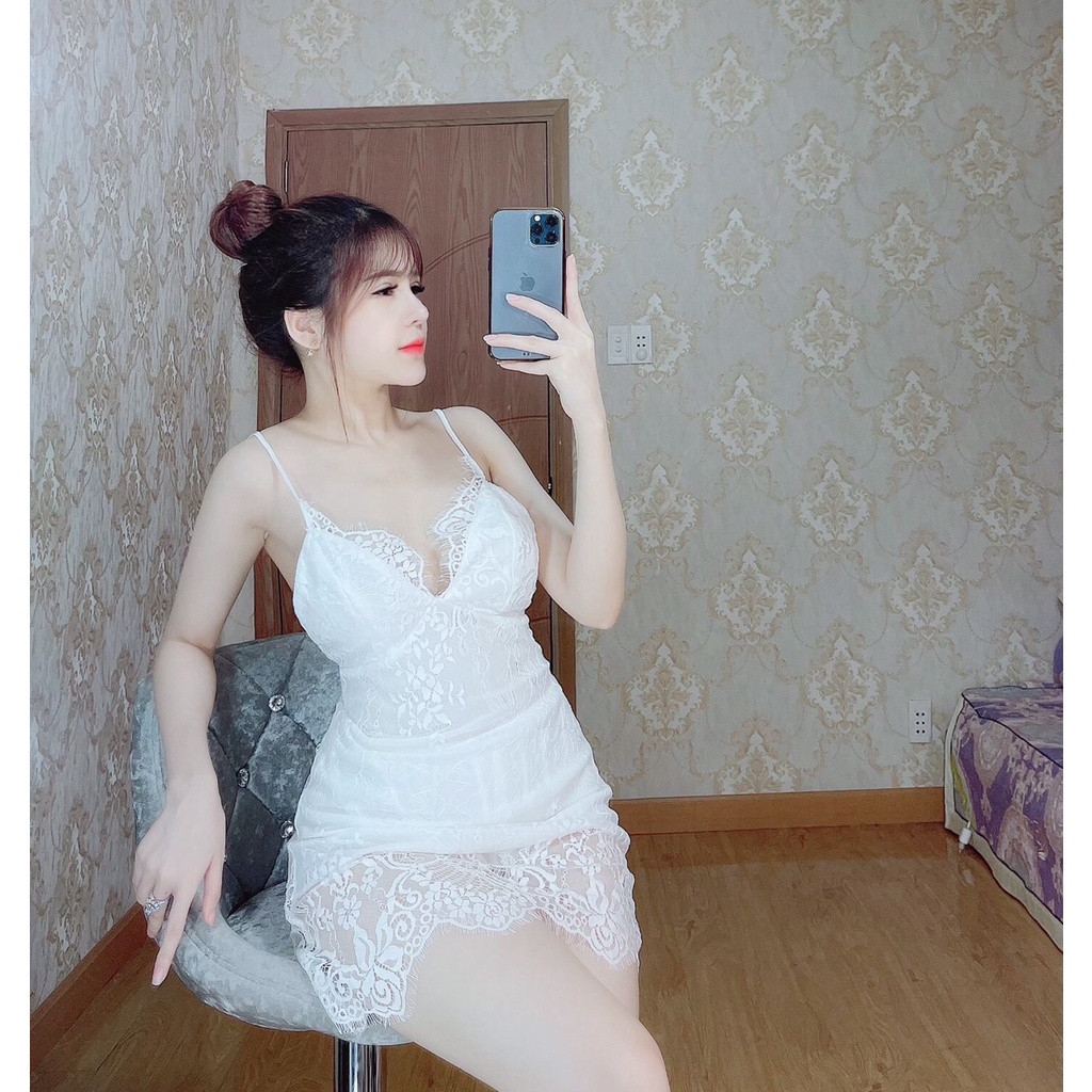 Váy ngủ sexy gợi cảm - Váy ngủ ren mềm 2 dây có mút ngực freesize - Linqu Sleepwear