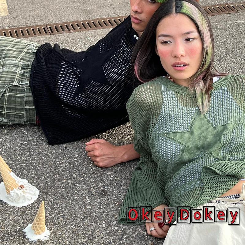 Áo Dệt Kim Tay Dài Cổ Tròn Nhìn Xuyên Thấu Phong Cách Đường Phố Thời Trang Mùa Hè Cho Nữ