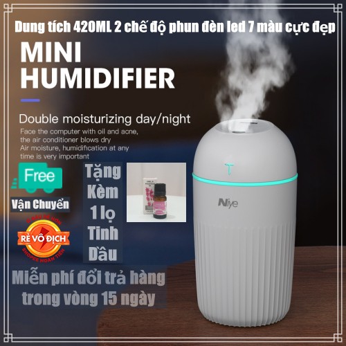 Máy phun sương tạo ẩm Khuếch tán tinh dầu dung tích 420ML Tích hợp đèn led 2 chế độ phun Bảo hành 12T