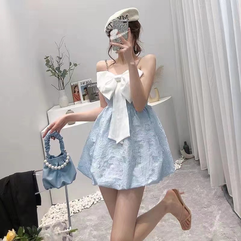 Đầm Ngắn Hai Dây Thắt Nơ Quyến Rũ Thời Trang Kiểu Pháp Cho Nữ