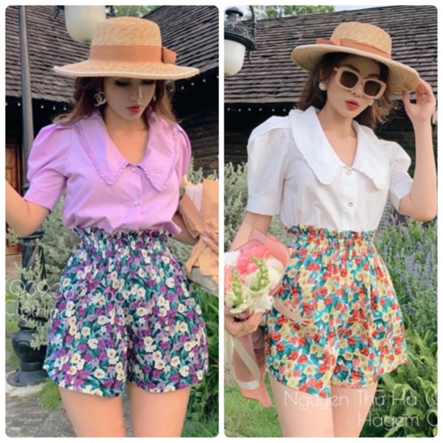 SET ÁO CỔ SEN QUẦN SHORT HOA