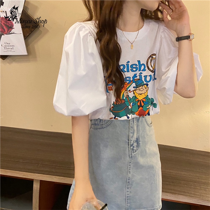 Áo thun trắng ONLY  nữ tay ngắn vai bồng sang chảnh tiểu thư, mùa hè thời trang đường phố hàn quốc Minxu shop OC07