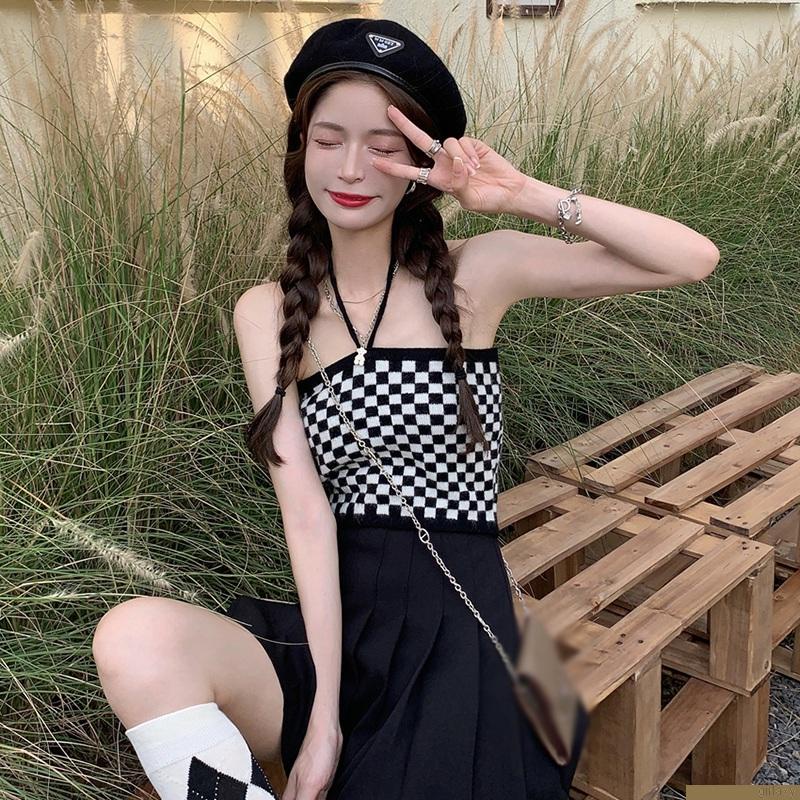 Áo cổ yếm / Áo khoác cardigan dệt kim tay dài dáng rộng sọc caro phong cách Hàn Quốc cho nữ