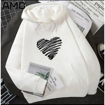 Áo Hoodie Unisex Mùa Đông Chất Nỉ Màu Trắng Nữ Giá Rẻ  Phong Cách Hàn Quốc In Hình Trái Tim Đen Màu Chì Cute Diện Đôi