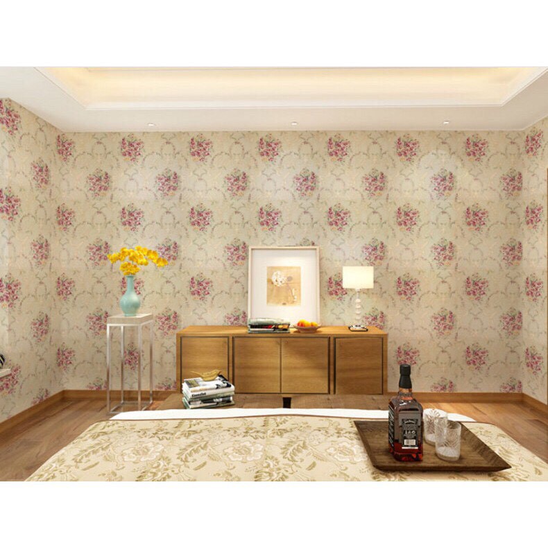 1M x 45cm Giấy dán tường trang trí nội thất - chùm hoa hồng nền vàng TTM117