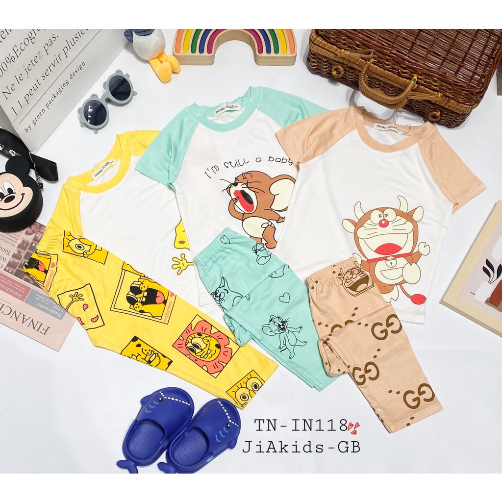 Bộ Tay Ngắn Quần Dài THUN LẠNH MINKY MOM In Thân Áo Trắng Phối Quần Màu Cho Bé TN-IN118