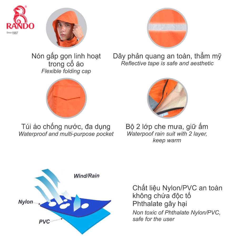 Áo Mưa Bộ Phản Quang An Toàn LEXTI-3, RANDO Chính Hãng, Áo 2 Lớp Giữ Ấm, Vải Dù Nylon/PVC Chống Nước, Chống Gió Bền Bỉ