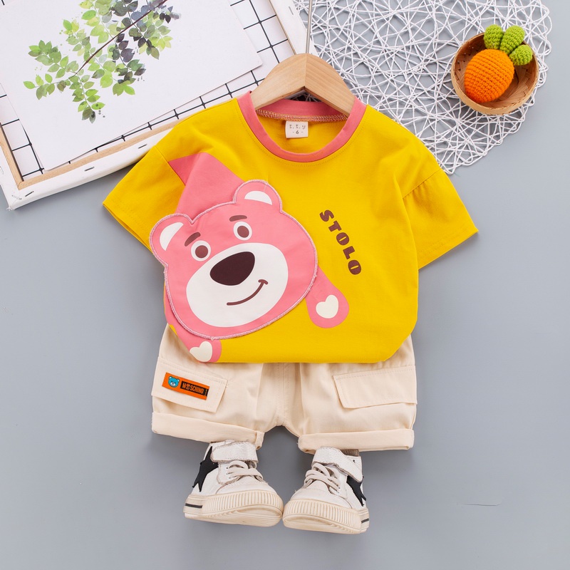 Chàng trai 0-5 tuổi và cô gái hoạt hình áo thun ngắn tay + quần đùi 2 bộ, áo bông chàng trai, bộ đồ đáng yêu của cô gái