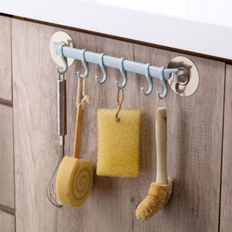 Thanh gắn tường tự dính với 6 móc treo đồ tiện lợi