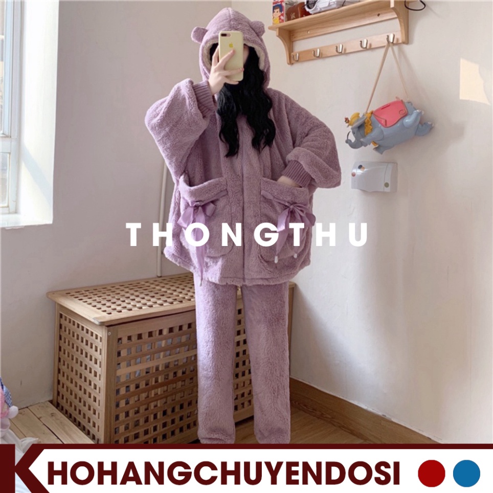 Bộ ngủ lông cừu giữ nhiệt mùa đông túi thắt nơ dễ thương,BNL02,set đồ mặc nhà nhung bông mềm mịn 2 màu hồng tím - THONGT | BigBuy360 - bigbuy360.vn